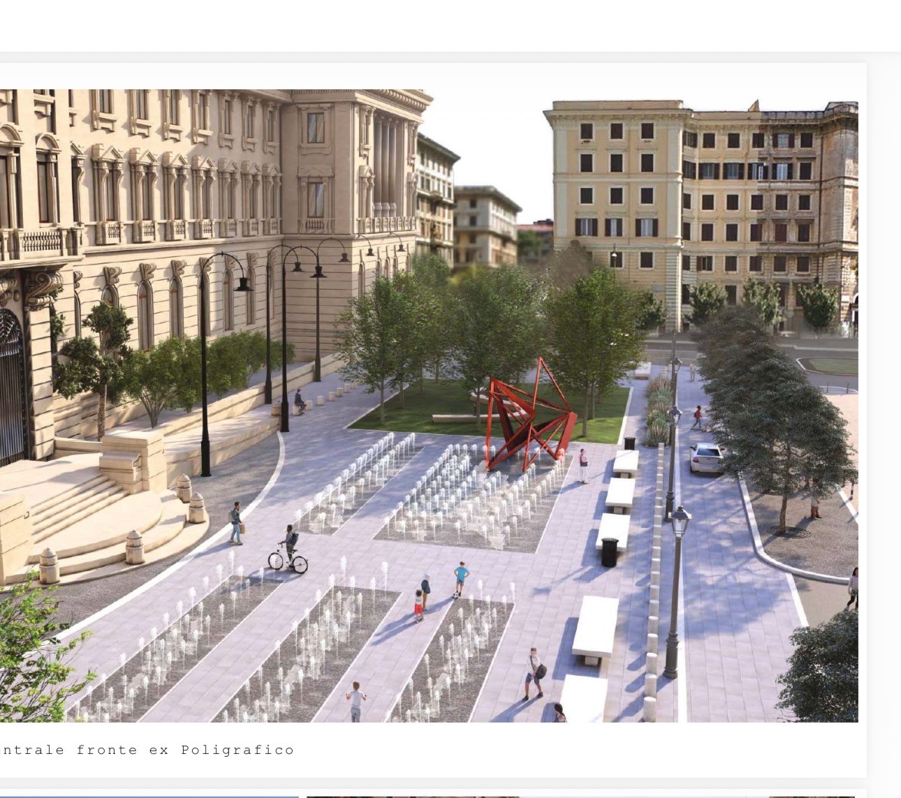 Rendering del progetto ufficiale: piazza con fontanelle a spruzzo e scultura rossa astratta